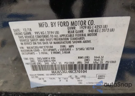 2019 Ford Ecosport Se z USA, uszkodzony, nr VIN MAJ6S3GL4KC270104